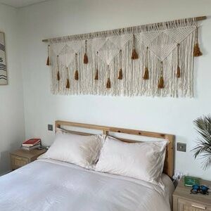 Bohemian White and Gold Macrame Large Wall Hanging King Bed